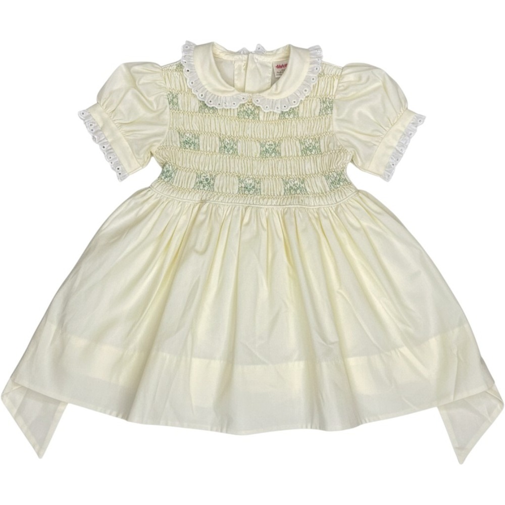 Vintage Polly Flinders Hand Smocked Dress Yellow Eyelet Lace Floral Toddler 2